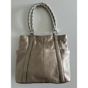 Tignanello Gold Metallic Leather Satchel Hobo Bucket Bag Braided Handle Strap